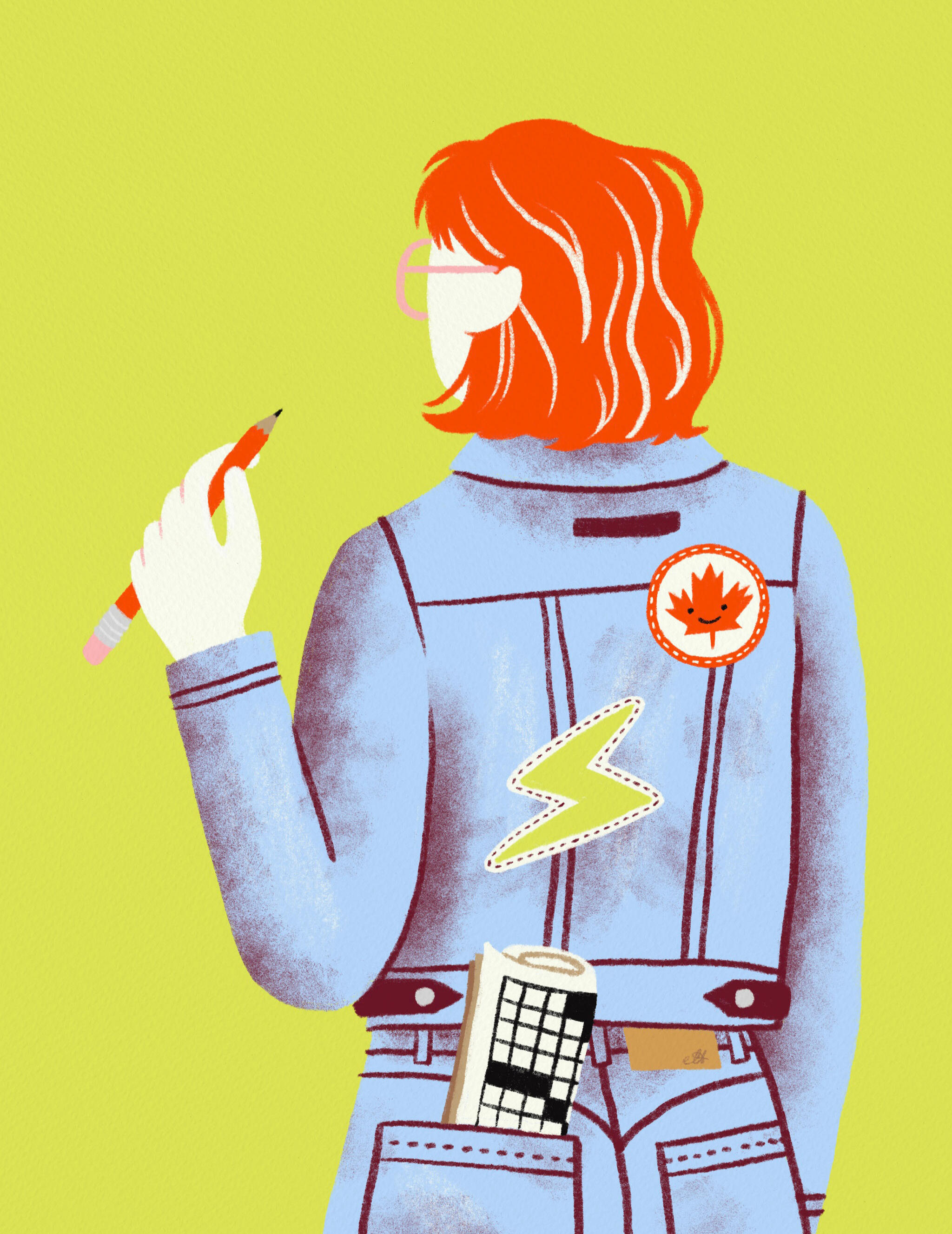 Illustration of a person wearing a "Canadian Tuxedo" with a crossword puzzle in their pocket.