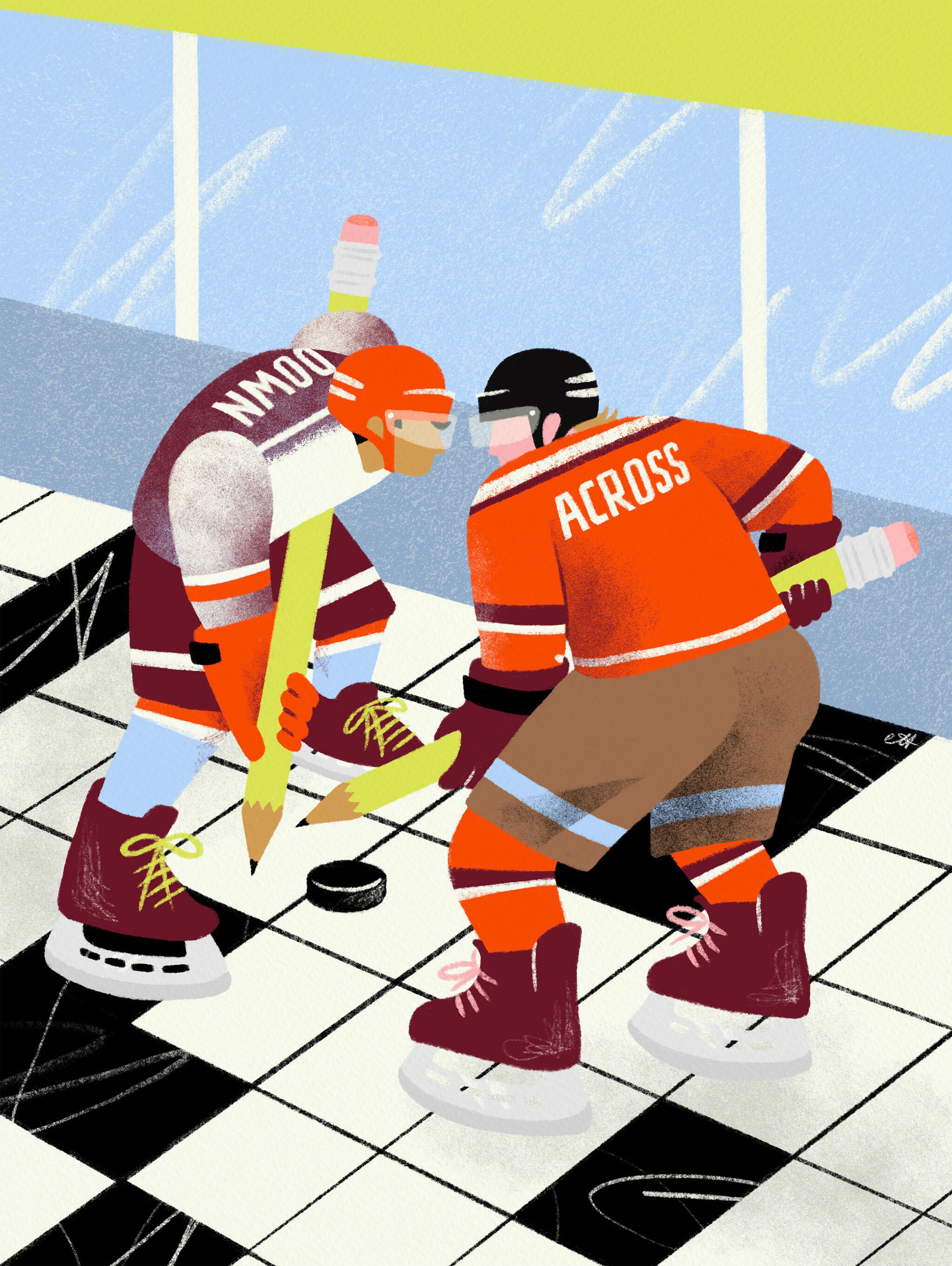 Illustration of two hockey players facing off with giant pencils on a giant crossword rink.