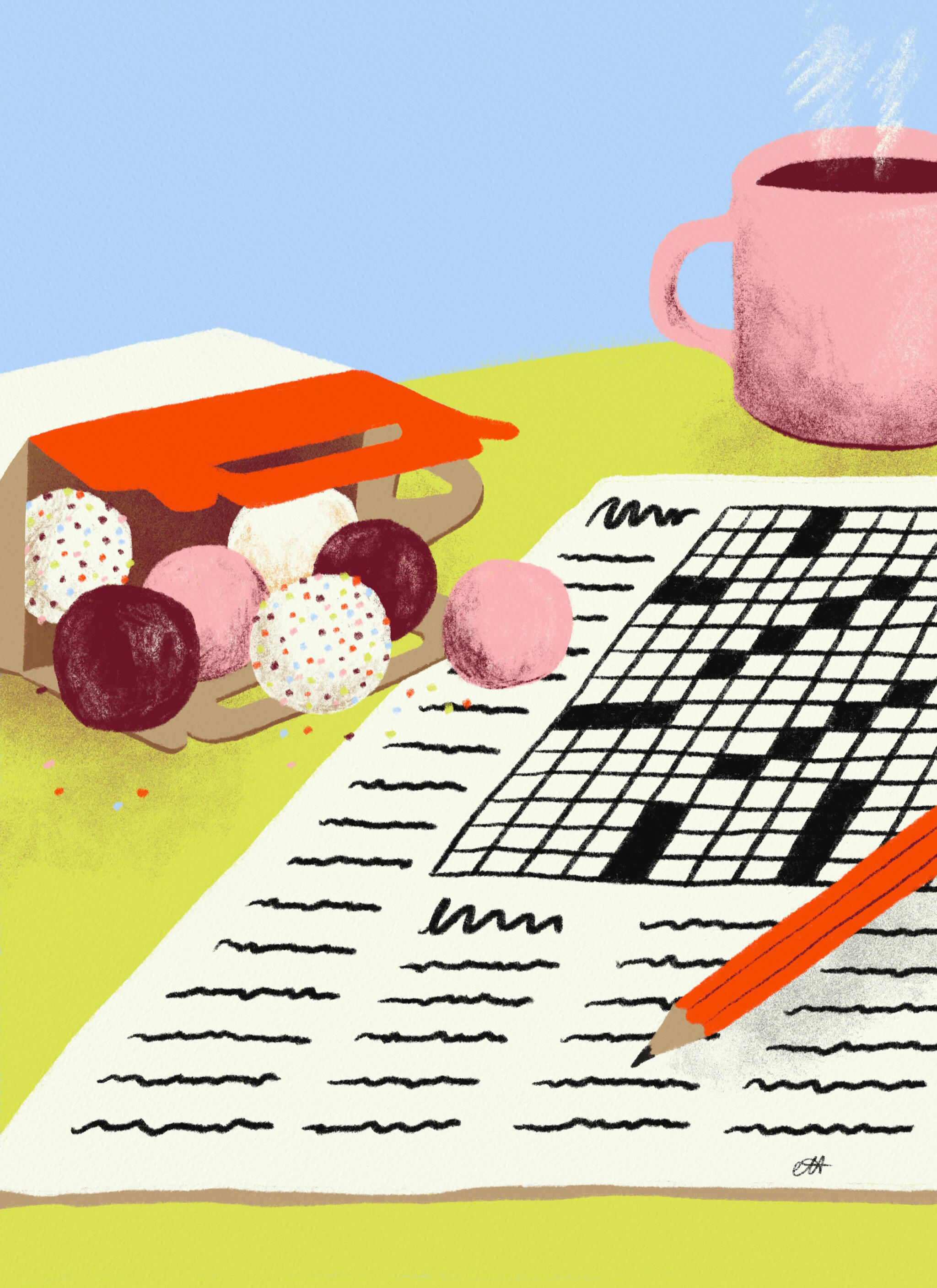 A crossword puzzle alongside a pencil, mug of coffee, and box of donut holes.