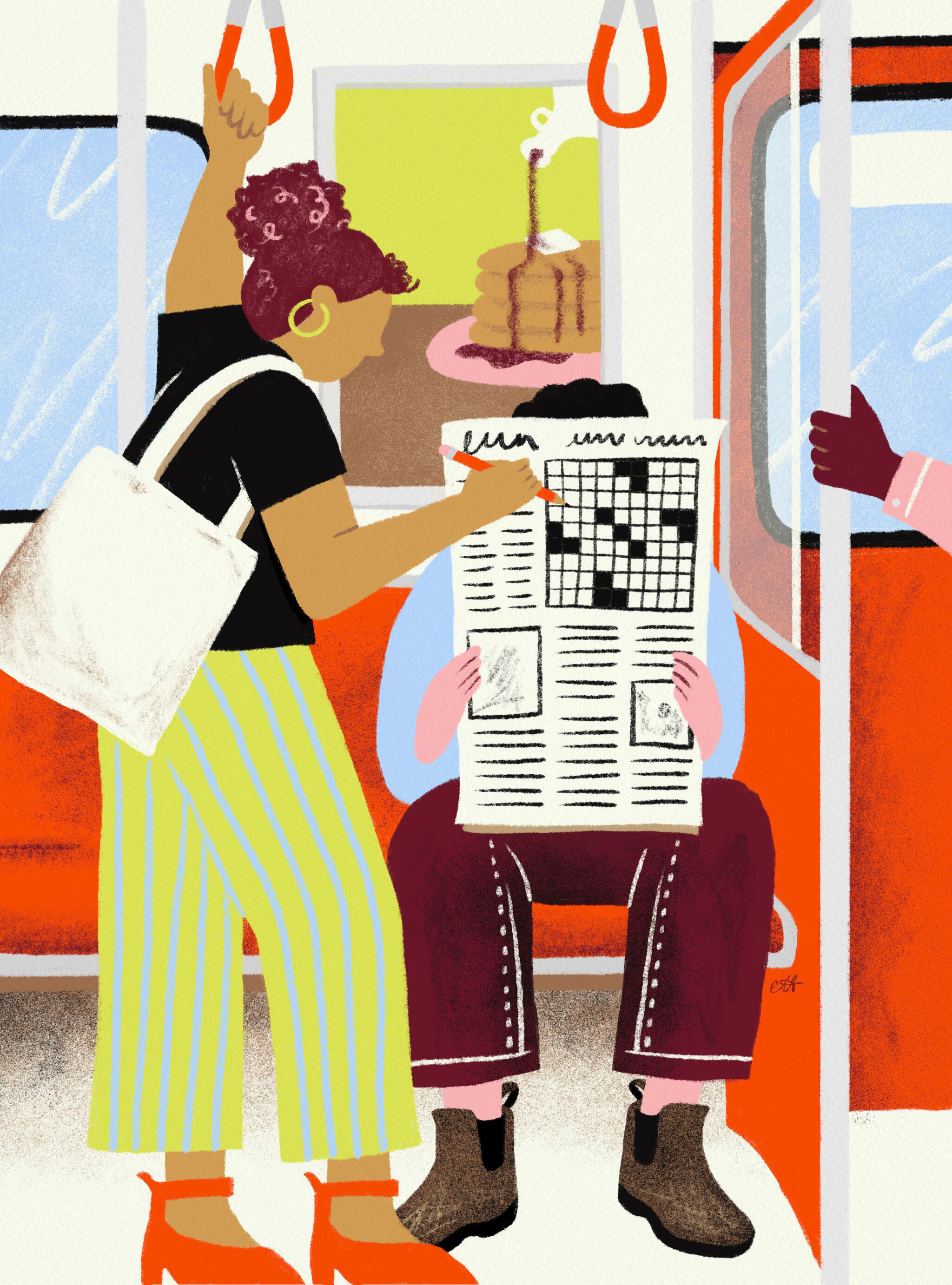 Illustration of a passenger on the Toronto subway solving a puzzle on another rider's newspaper.