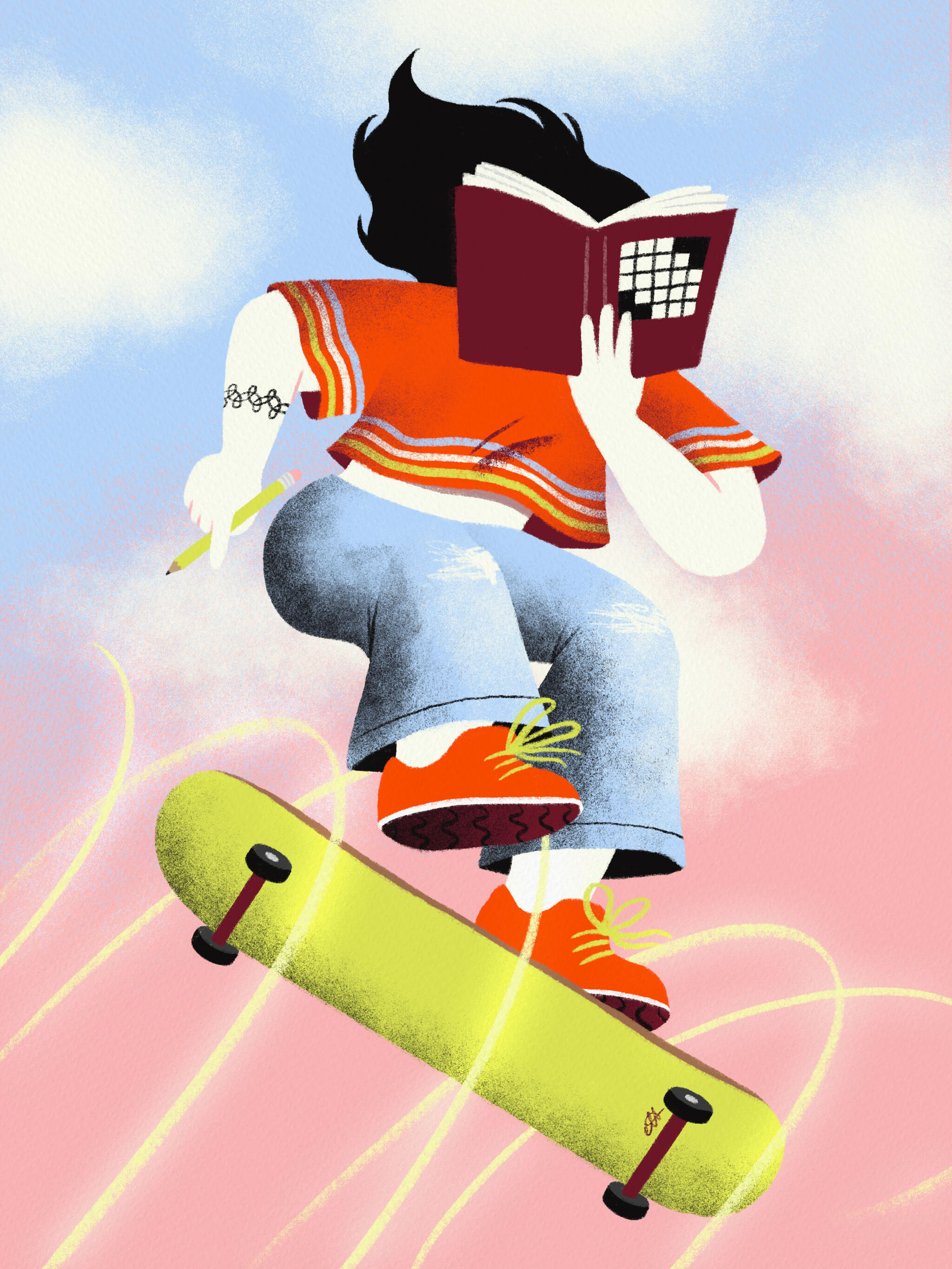 Illustration of a skateboarder performing an ollie while solving puzzles in a crossword book.