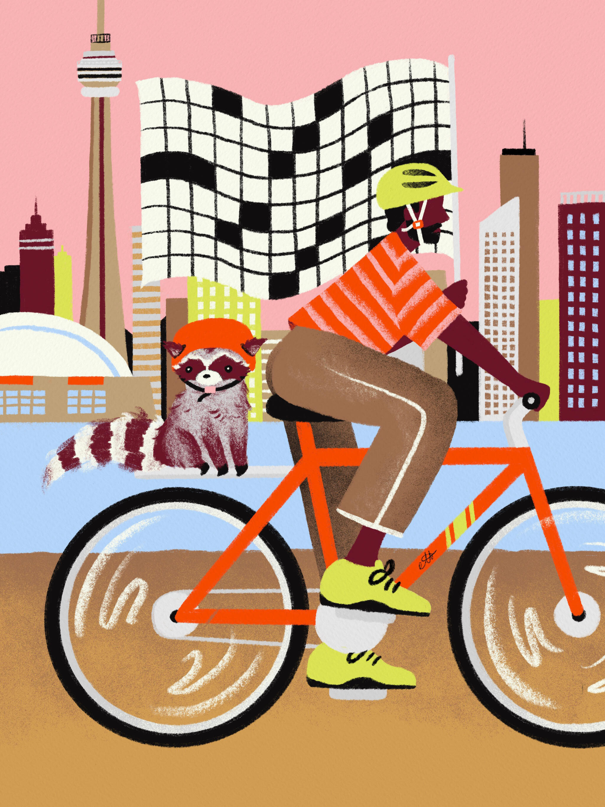 Illustration of a cyclist and raccoon on a bike with a crossword flag in downtown Toronto.